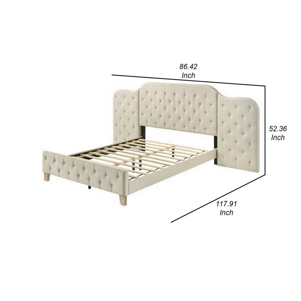 Benjara Ronny Inch Queen Size Bed, Wall Headboard, Beige Linen Tufted Upholstery