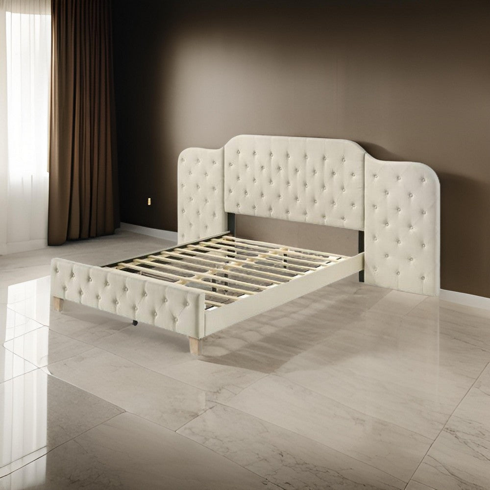 Benjara Ronny Inch Queen Size Bed, Wall Headboard, Beige Linen Tufted Upholstery