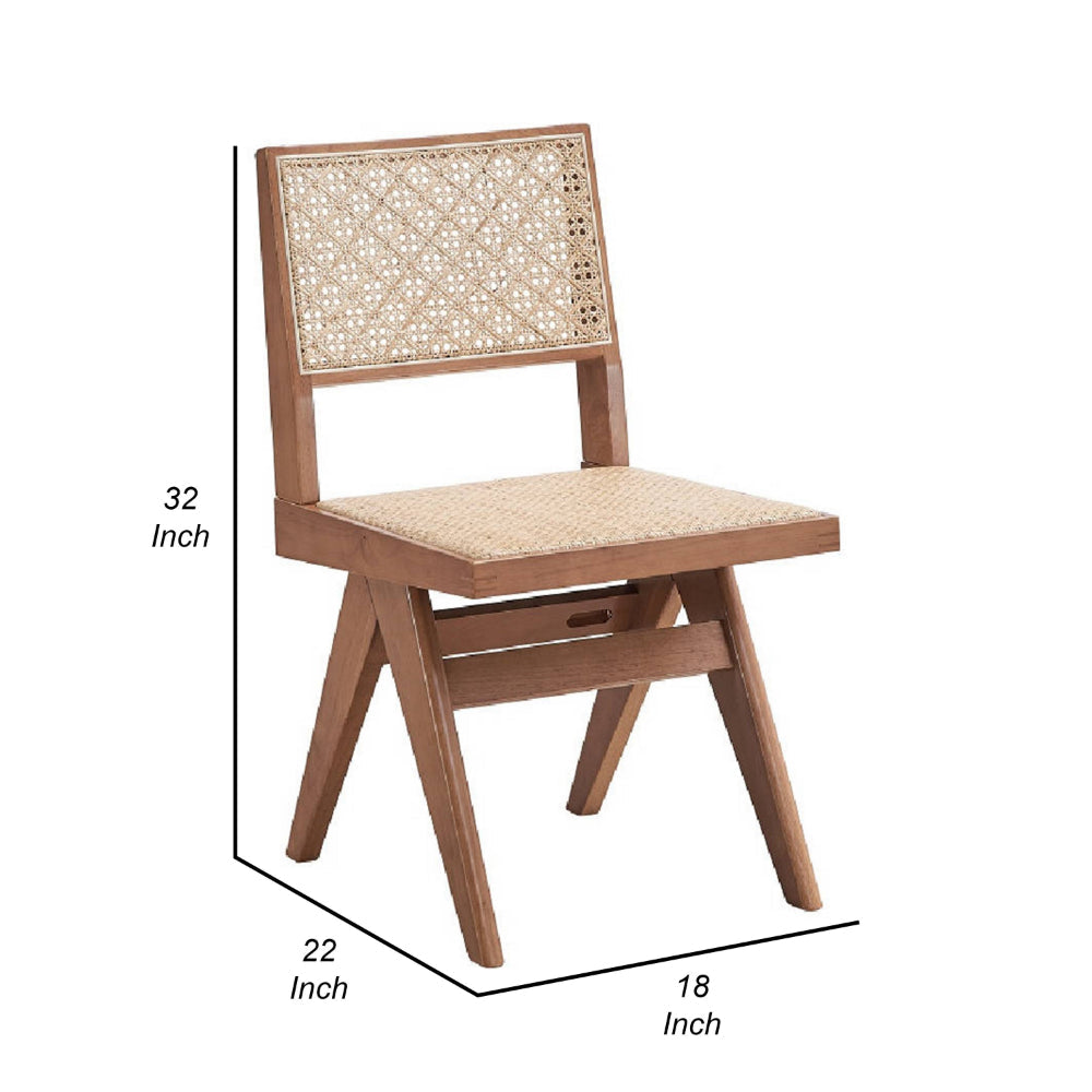 Benjara Tina 22 Inch Side Dining Chair Set of 2, Woven Rattan, Natural Brown Wood