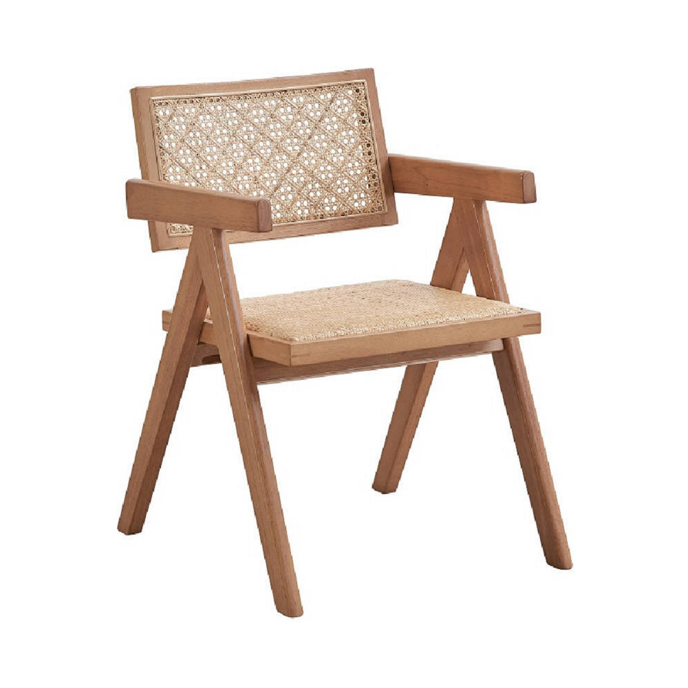 Benjara Tina 22 Inch Dining Armchair Set of 2, Woven Rattan, Natural Brown Wood