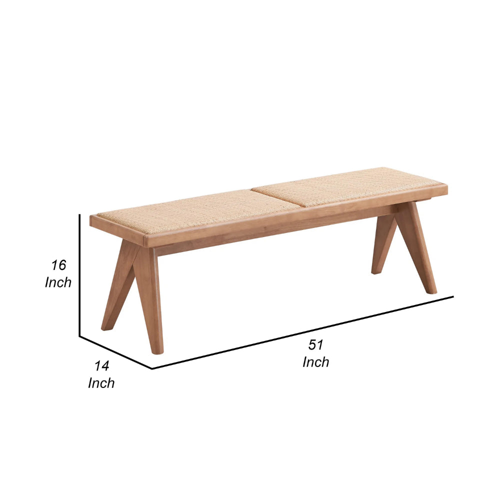 Benjara Tina 51 Inch Dining Bench, Transitional Woven Rattan, Natural Brown Wood