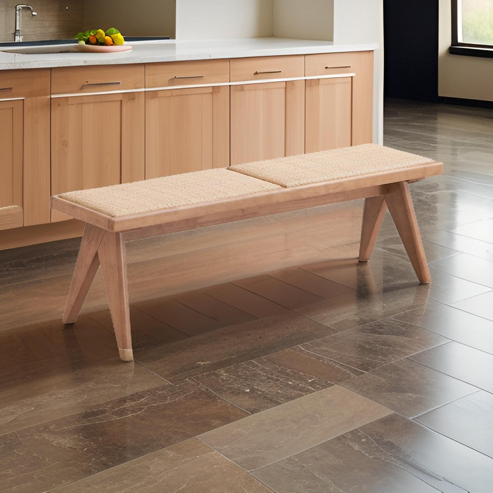Benjara Tina 51 Inch Dining Bench, Transitional Woven Rattan, Natural Brown Wood