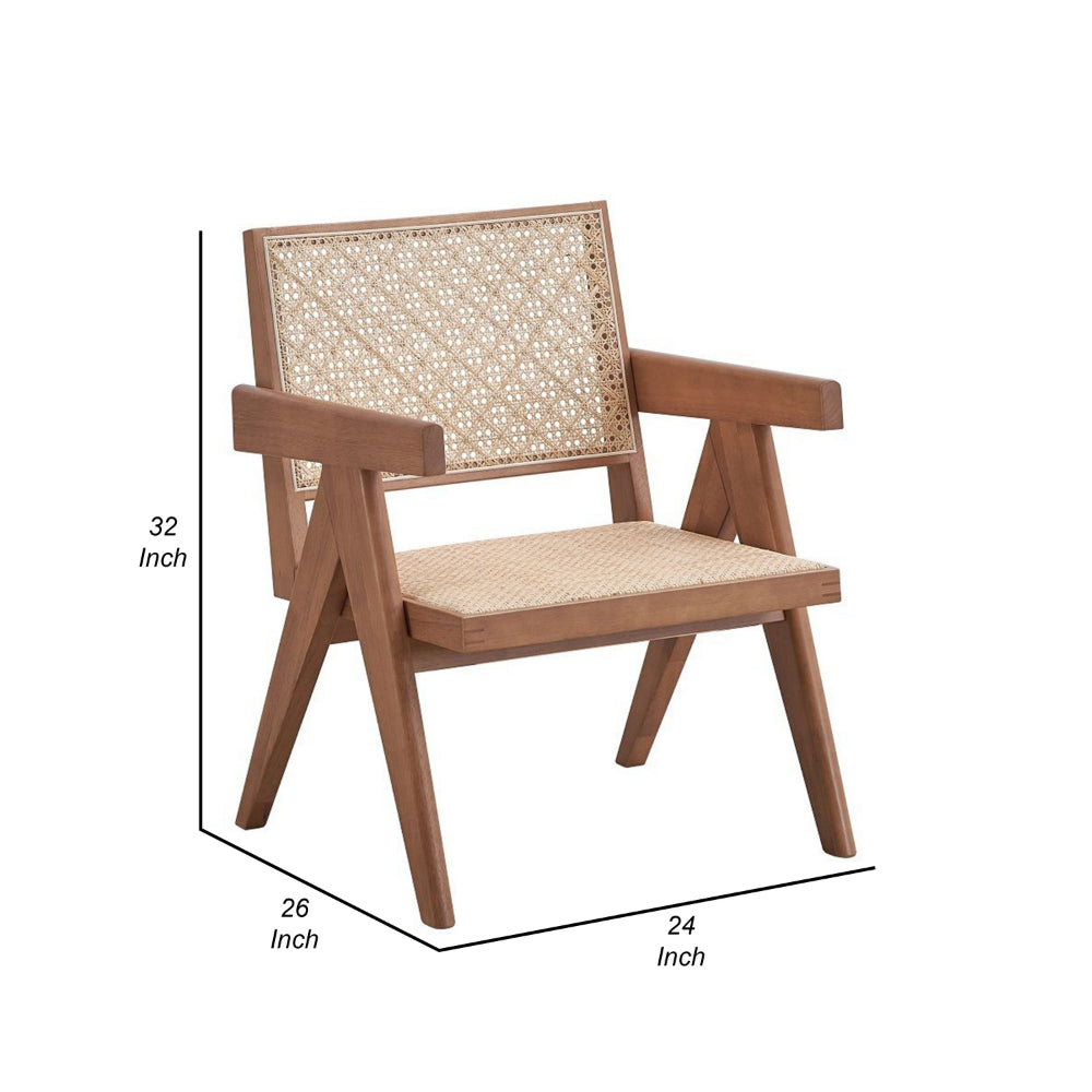 Benjara Tina 26 Inch Accent Armchair, Woven Rattan, Natural Brown Wood Finish