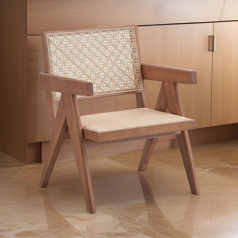 Benjara Tina 26 Inch Accent Armchair, Woven Rattan, Natural Brown Wood Finish