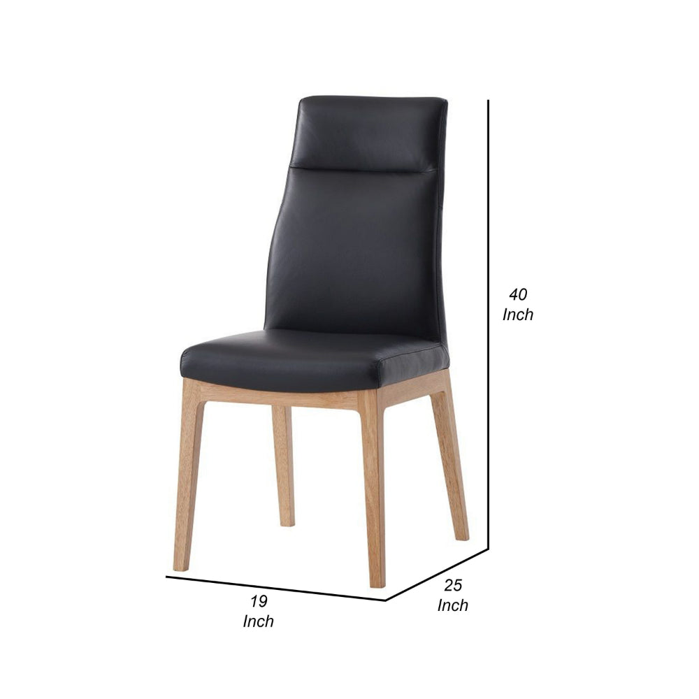 Benjara 25 Inch Side Dining Chair Set of 2, Tall Back, Black Leather, Brown Wood