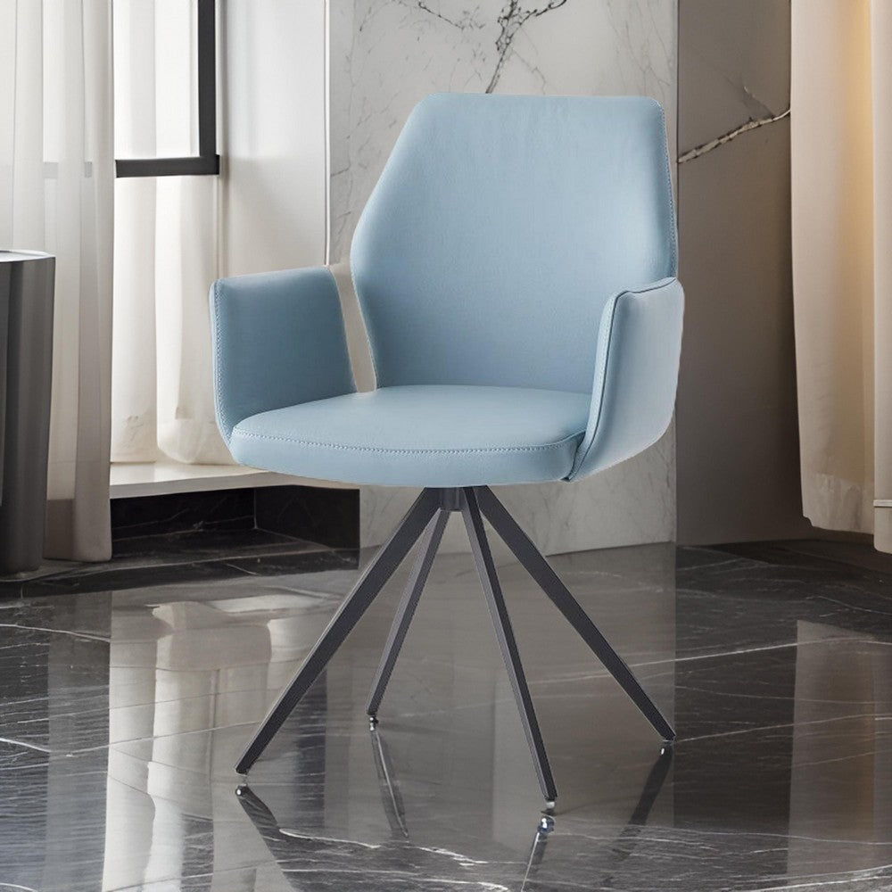 Benjara 24 Inch Swivel Side Chair, Light Blue Leather Upholstery, Black Legs