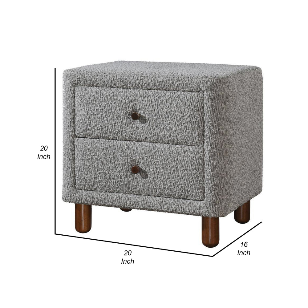 Benjara Lyno 20 Inch Nightstand, 2 Drawers, Brown Legs, Gray Boucle Upholstery