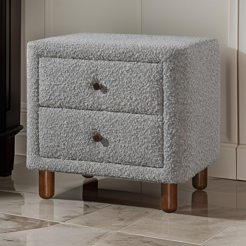 Benjara Lyno 20 Inch Nightstand, 2 Drawers, Brown Legs, Gray Boucle Upholstery