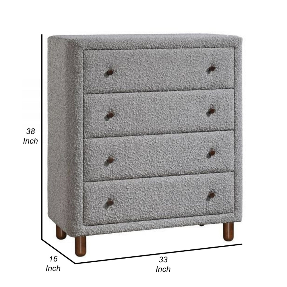 Benjara Lyno 38 Inch Tall Dresser Chest, 4 Drawers, Gray Boucle Upholstery, Brown