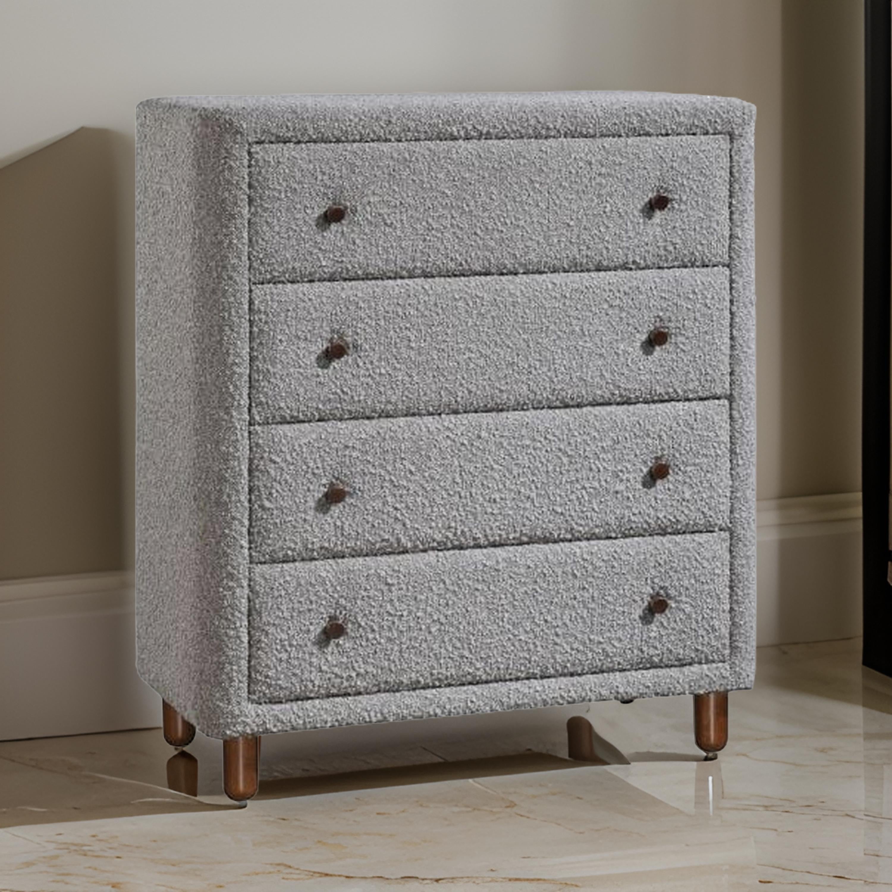Benjara Lyno 38 Inch Tall Dresser Chest, 4 Drawers, Gray Boucle Upholstery, Brown