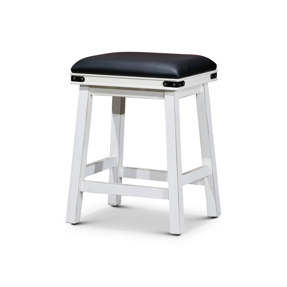 Benjara Nio 24 Inch Counter Stool, Black Bonded Leather Seat, Antique White Finish