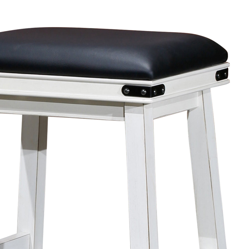 Benjara Nio 24 Inch Counter Stool, Black Bonded Leather Seat, Antique White Finish