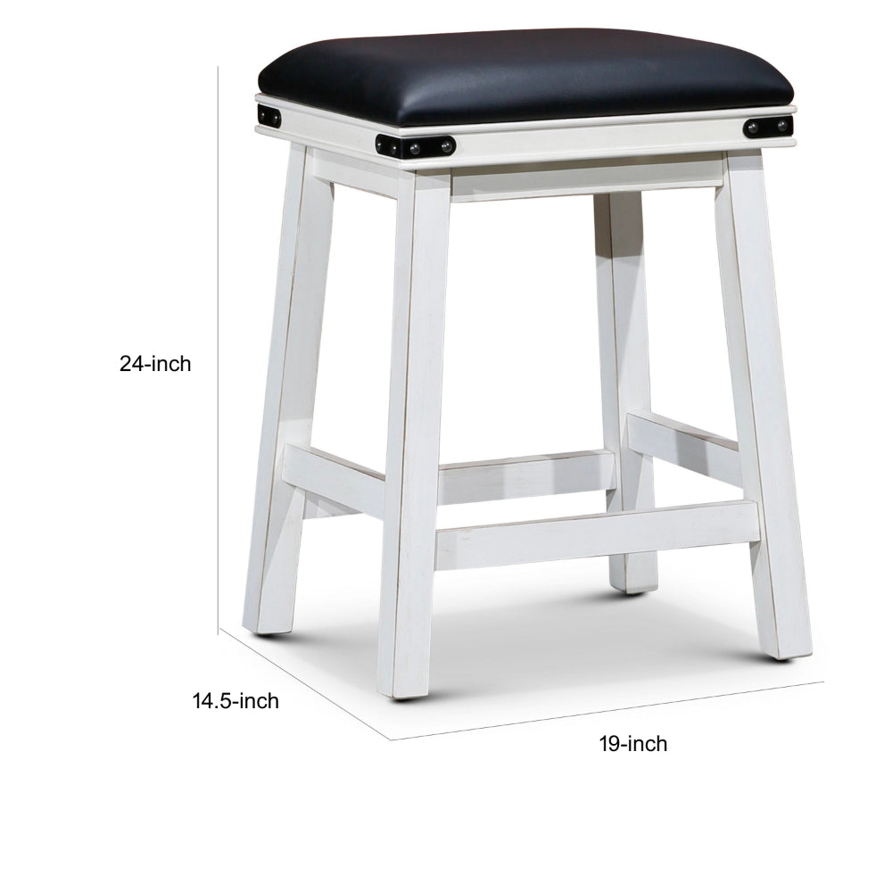 Benjara Nio 24 Inch Counter Stool, Black Bonded Leather Seat, Antique White Finish