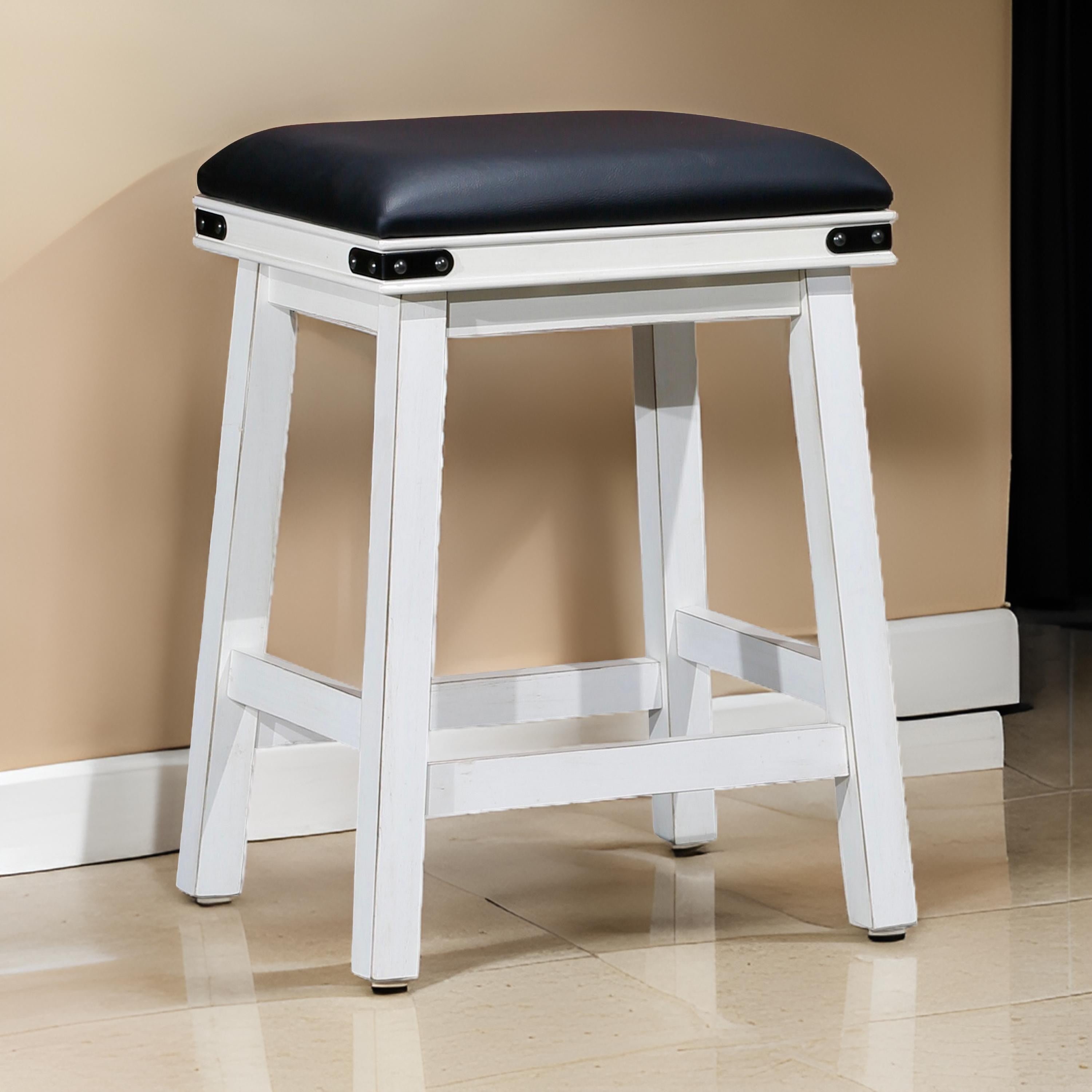 Benjara Nio 24 Inch Counter Stool, Black Bonded Leather Seat, Antique White Finish