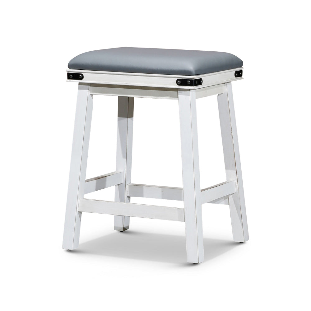 Benjara Nio 24 Inch Counter Stool, Gray Bonded Leather Seat, Antique White Finish