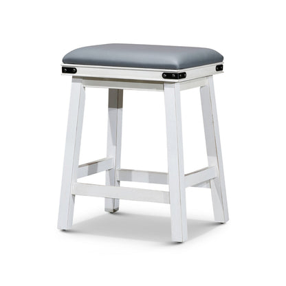 Benjara Nio 24 Inch Counter Stool, Gray Bonded Leather Seat, Antique White Finish