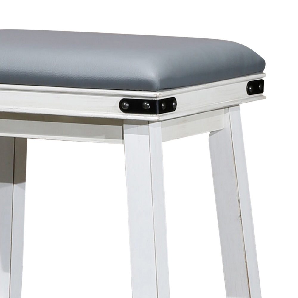 Benjara Nio 24 Inch Counter Stool, Gray Bonded Leather Seat, Antique White Finish
