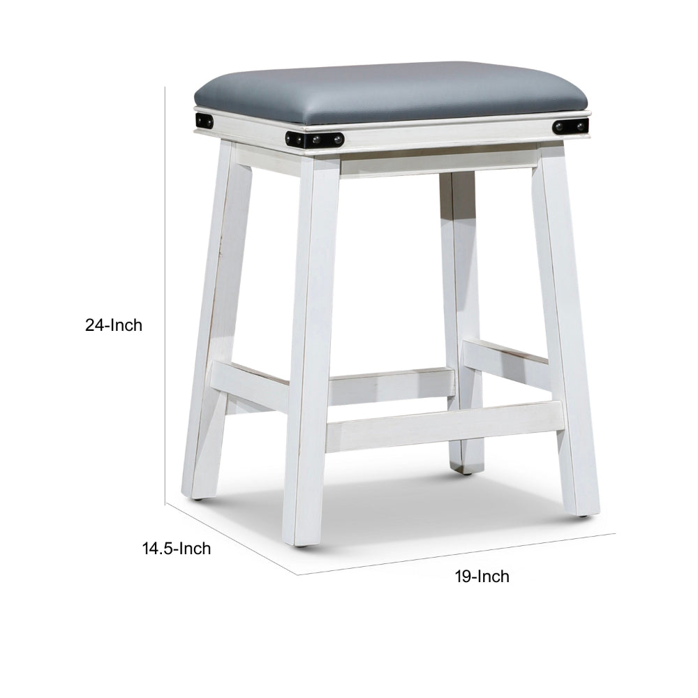 Benjara Nio 24 Inch Counter Stool, Gray Bonded Leather Seat, Antique White Finish