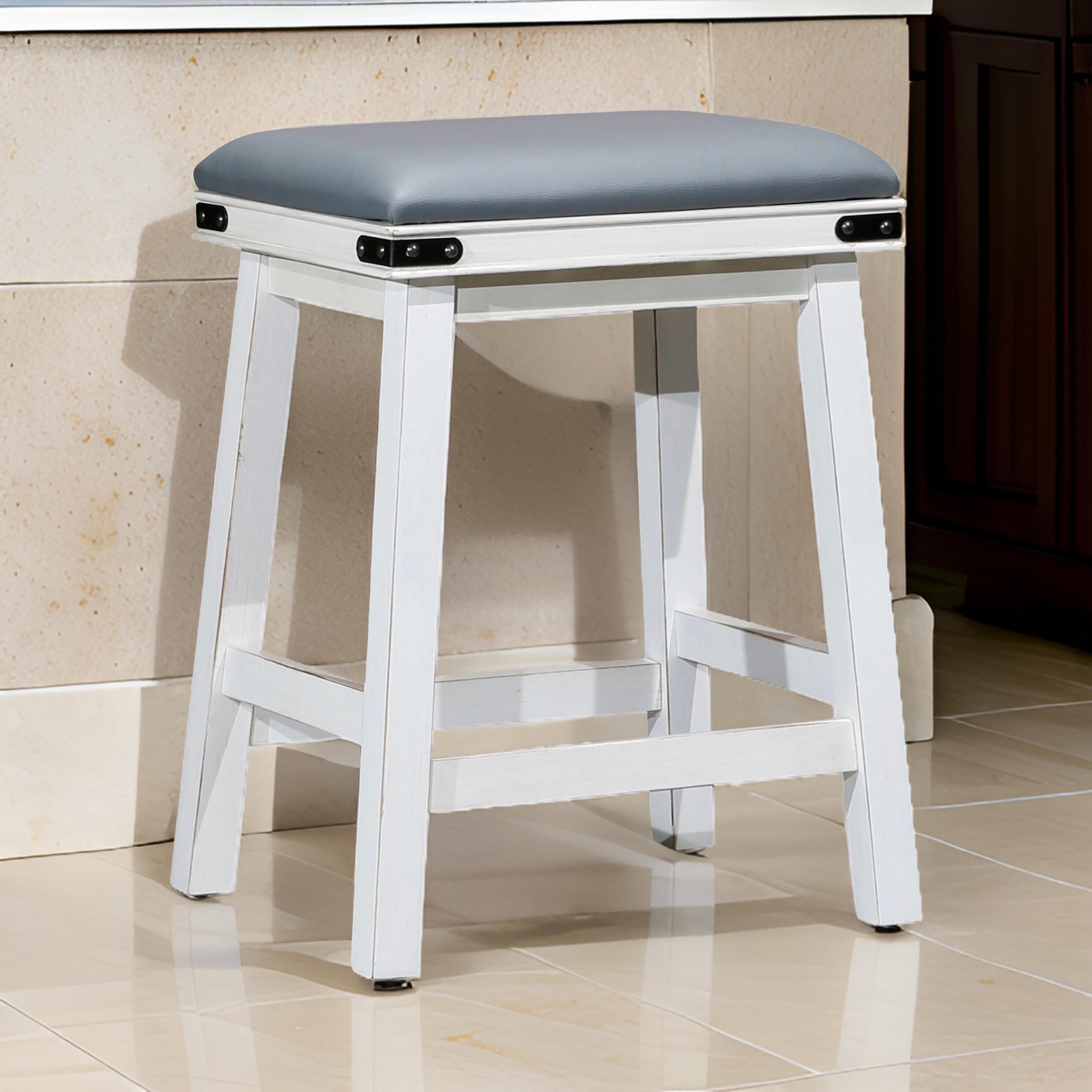 Benjara Nio 24 Inch Counter Stool, Gray Bonded Leather Seat, Antique White Finish