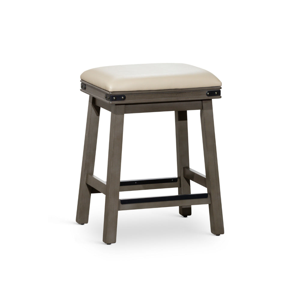 Benjara 24 Inch Counter Stool, Weathered Gray Finish, French Gray Leather Seat
