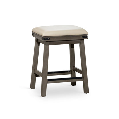 Benjara 24 Inch Counter Stool, Weathered Gray Finish, French Gray Leather Seat