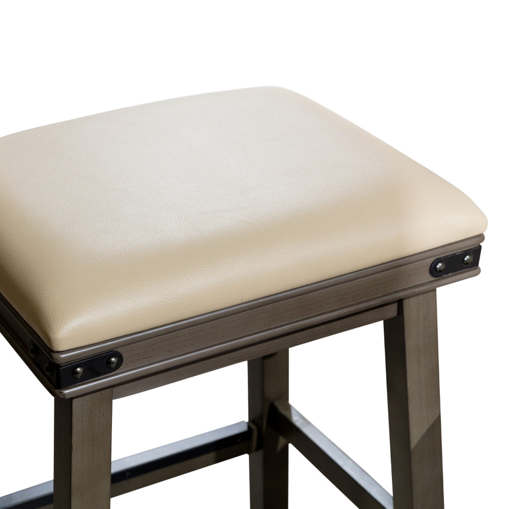Benjara 24 Inch Counter Stool, Weathered Gray Finish, French Gray Leather Seat