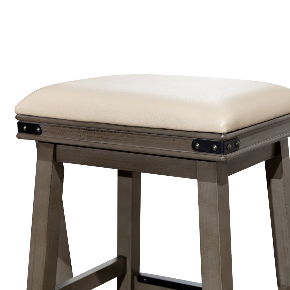 Benjara 24 Inch Counter Stool, Weathered Gray Finish, French Gray Leather Seat