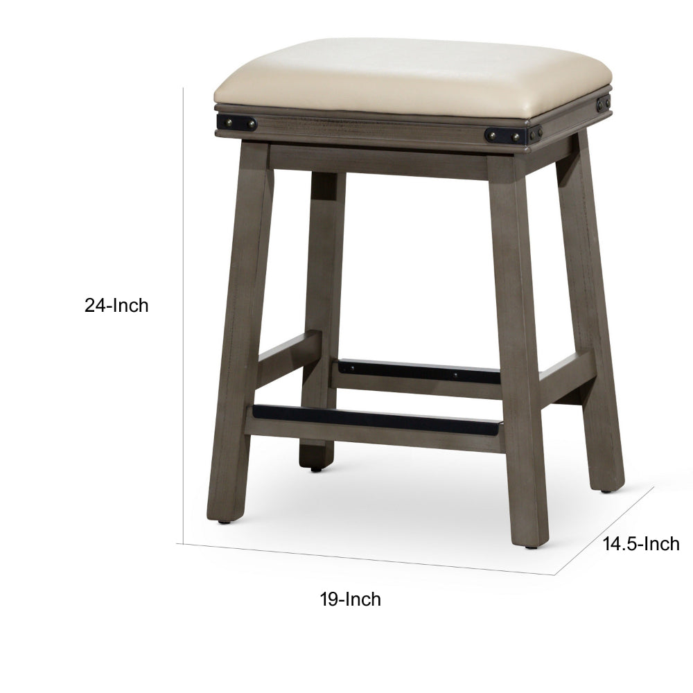 Benjara 24 Inch Counter Stool, Weathered Gray Finish, French Gray Leather Seat