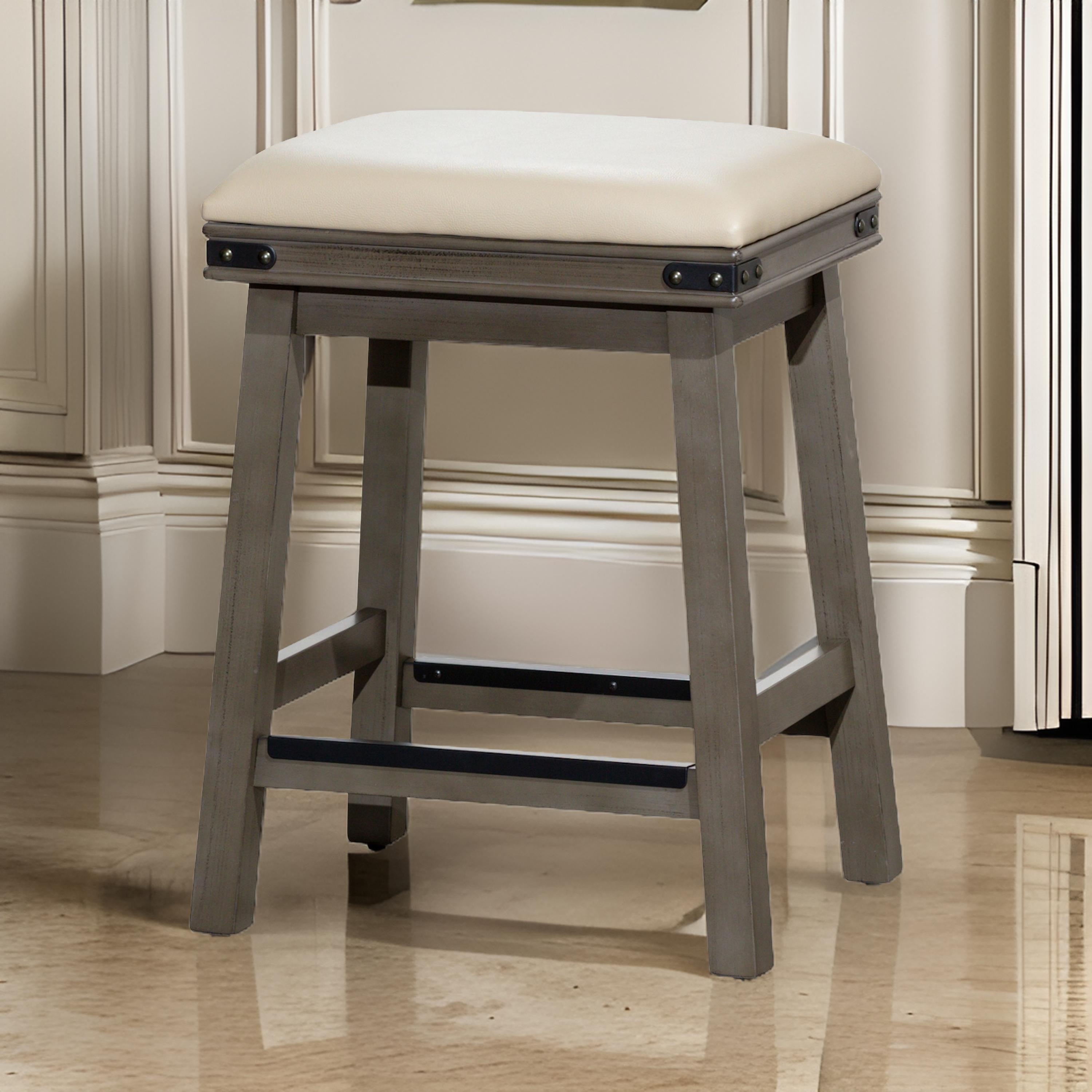 Benjara 24 Inch Counter Stool, Weathered Gray Finish, French Gray Leather Seat