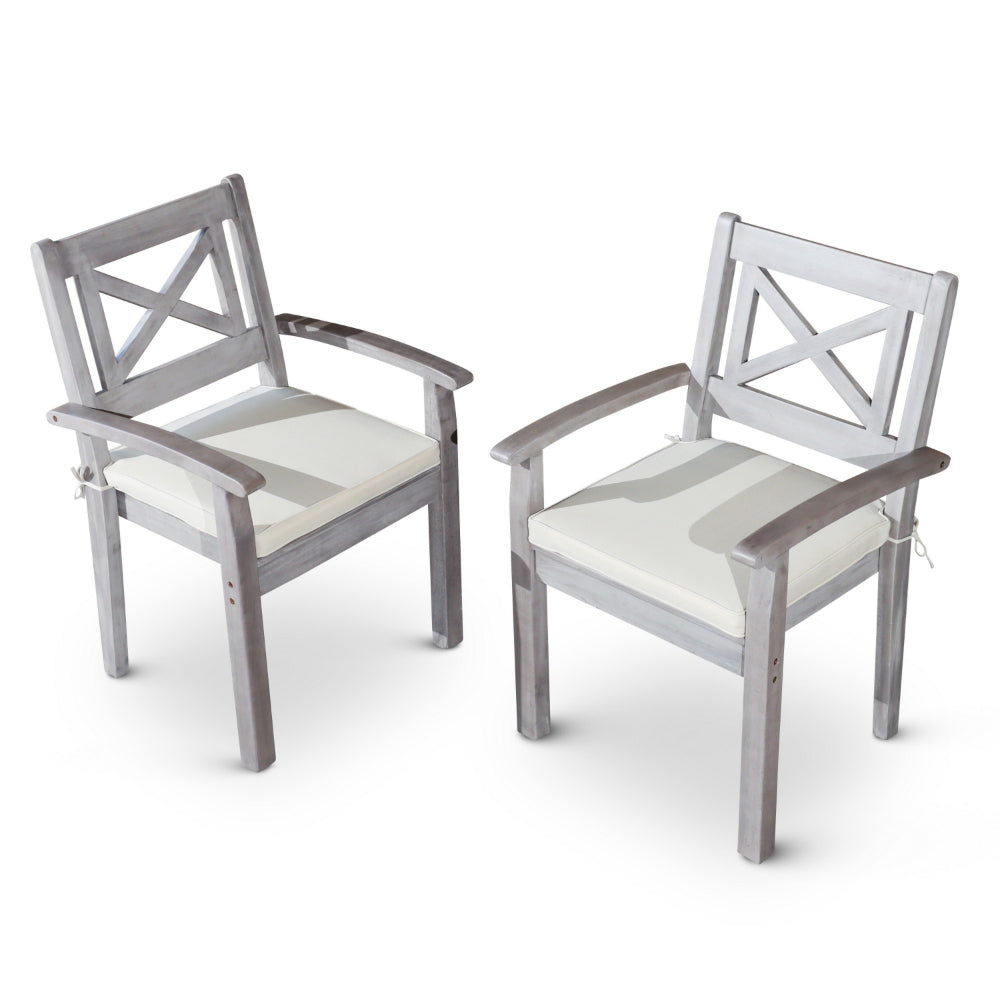 Benjara 35 Inch Set of 2 Dining Armchairs, Cushioned, X Open Back, Silver, Gray