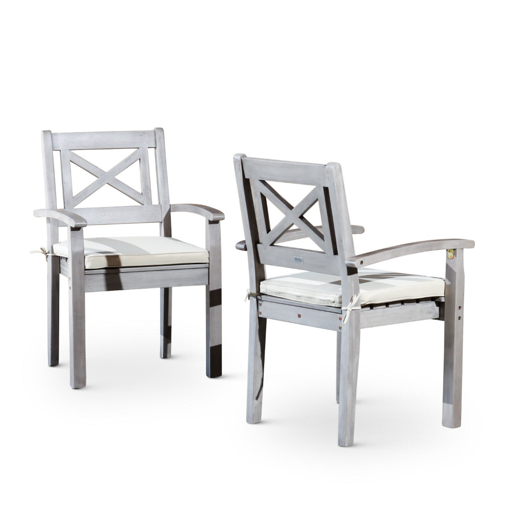 Benjara 35 Inch Set of 2 Dining Armchairs, Cushioned, X Open Back, Silver, Gray
