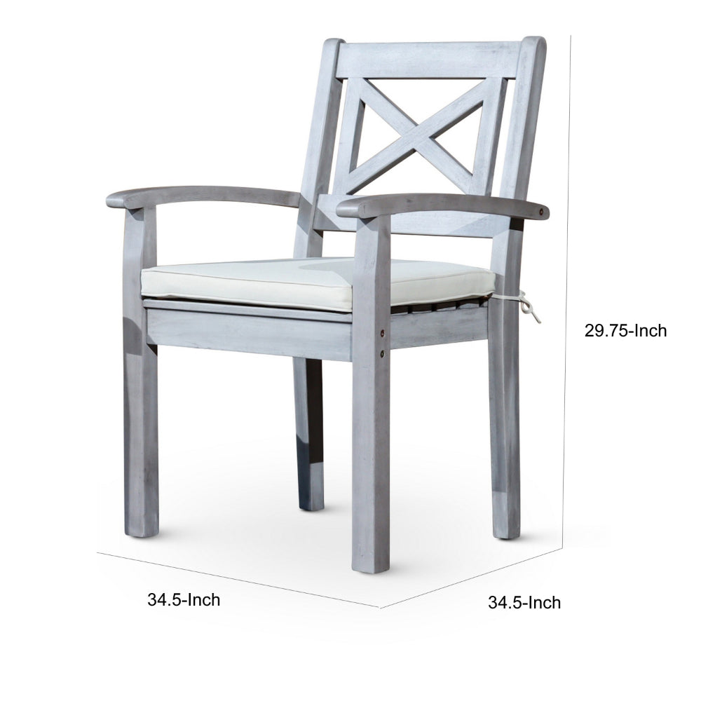 Benjara 35 Inch Set of 2 Dining Armchairs, Cushioned, X Open Back, Silver, Gray