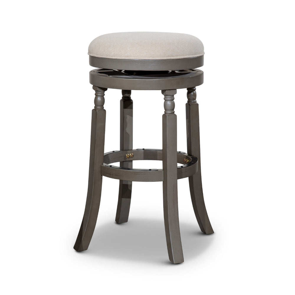 Benjara Opi 30 Inch Swivel Barstool, Round Cushioned Seat, Beige Fabric, Gray