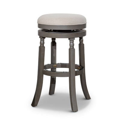 Benjara Opi 30 Inch Swivel Barstool, Round Cushioned Seat, Beige Fabric, Gray