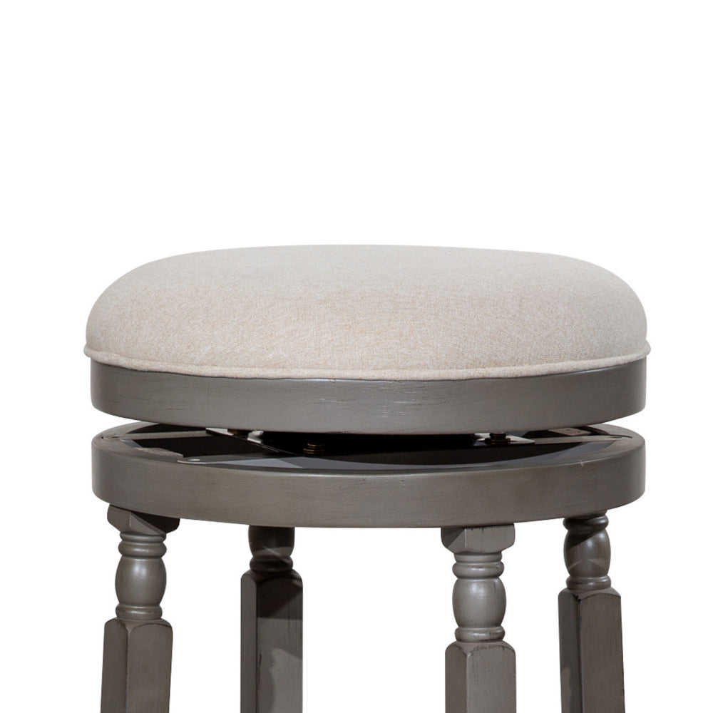 Benjara Opi 30 Inch Swivel Barstool, Round Cushioned Seat, Beige Fabric, Gray