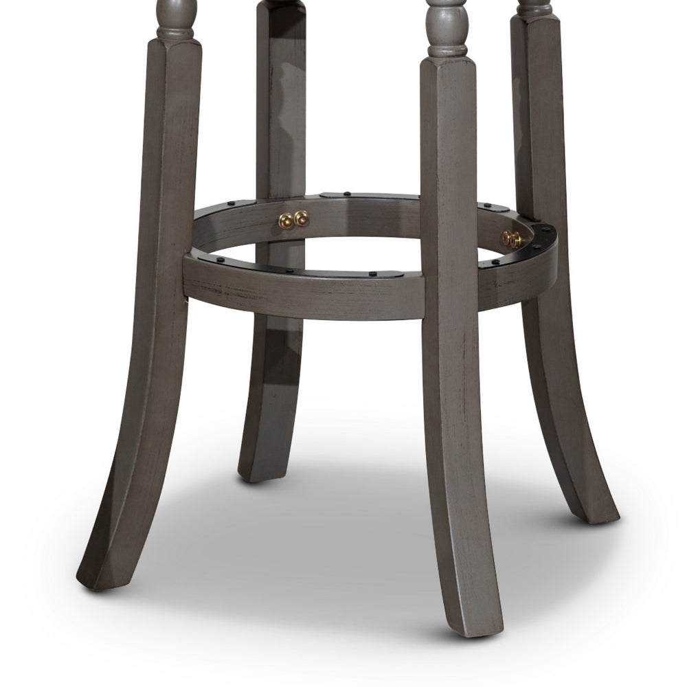 Benjara Opi 30 Inch Swivel Barstool, Round Cushioned Seat, Beige Fabric, Gray