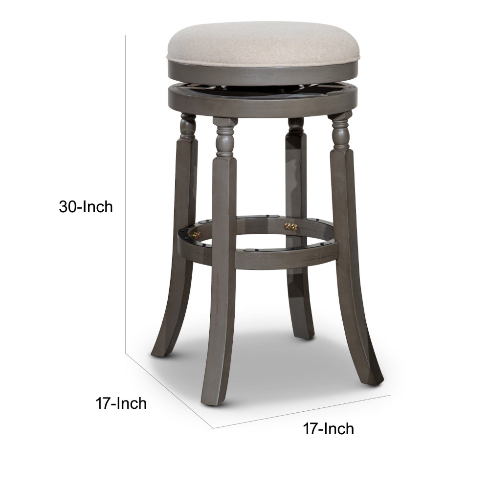 Benjara Opi 30 Inch Swivel Barstool, Round Cushioned Seat, Beige Fabric, Gray