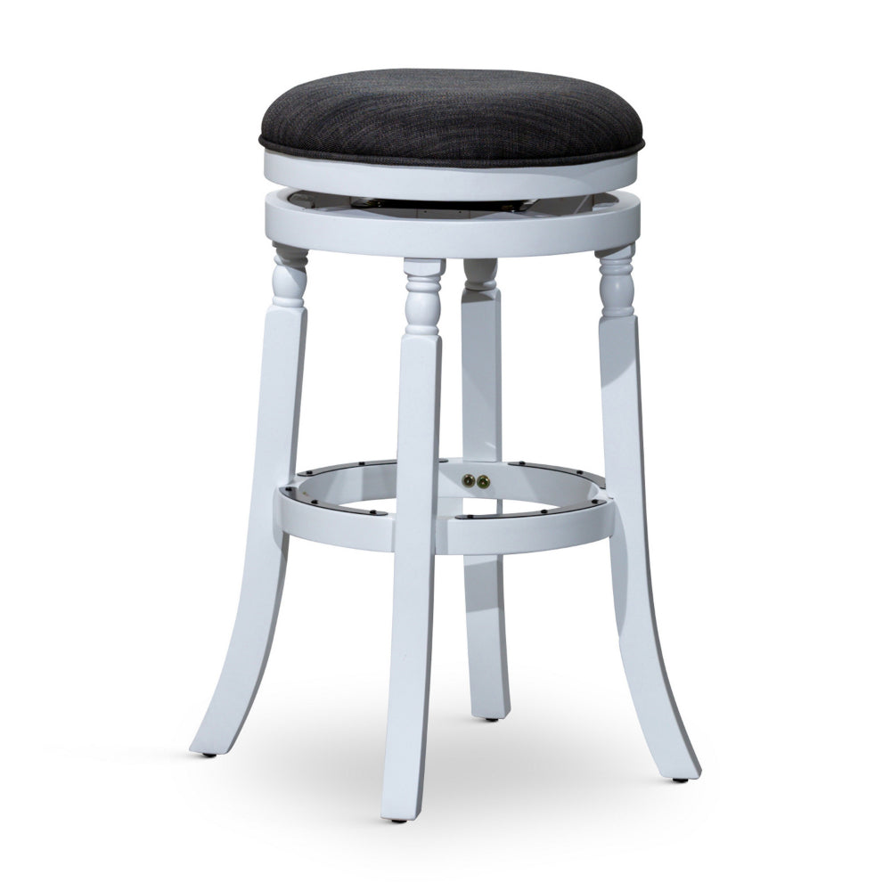 Benjara Opi 30 Inch Swivel Barstool, Round Cushioned Seat, Black Fabric, White