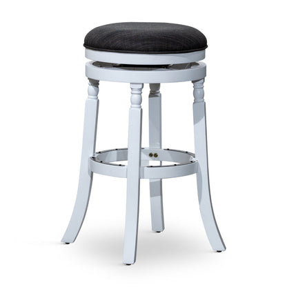 Benjara Opi 30 Inch Swivel Barstool, Round Cushioned Seat, Black Fabric, White