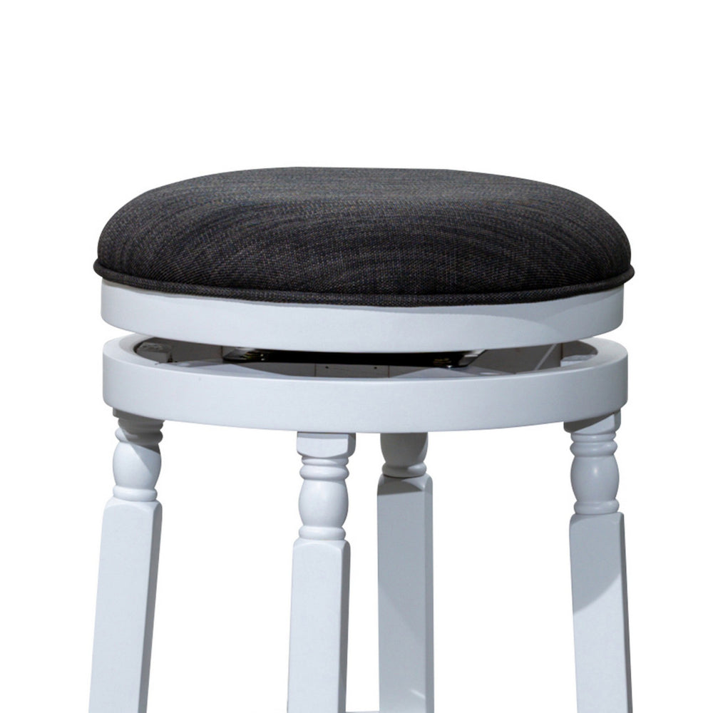 Benjara Opi 30 Inch Swivel Barstool, Round Cushioned Seat, Black Fabric, White