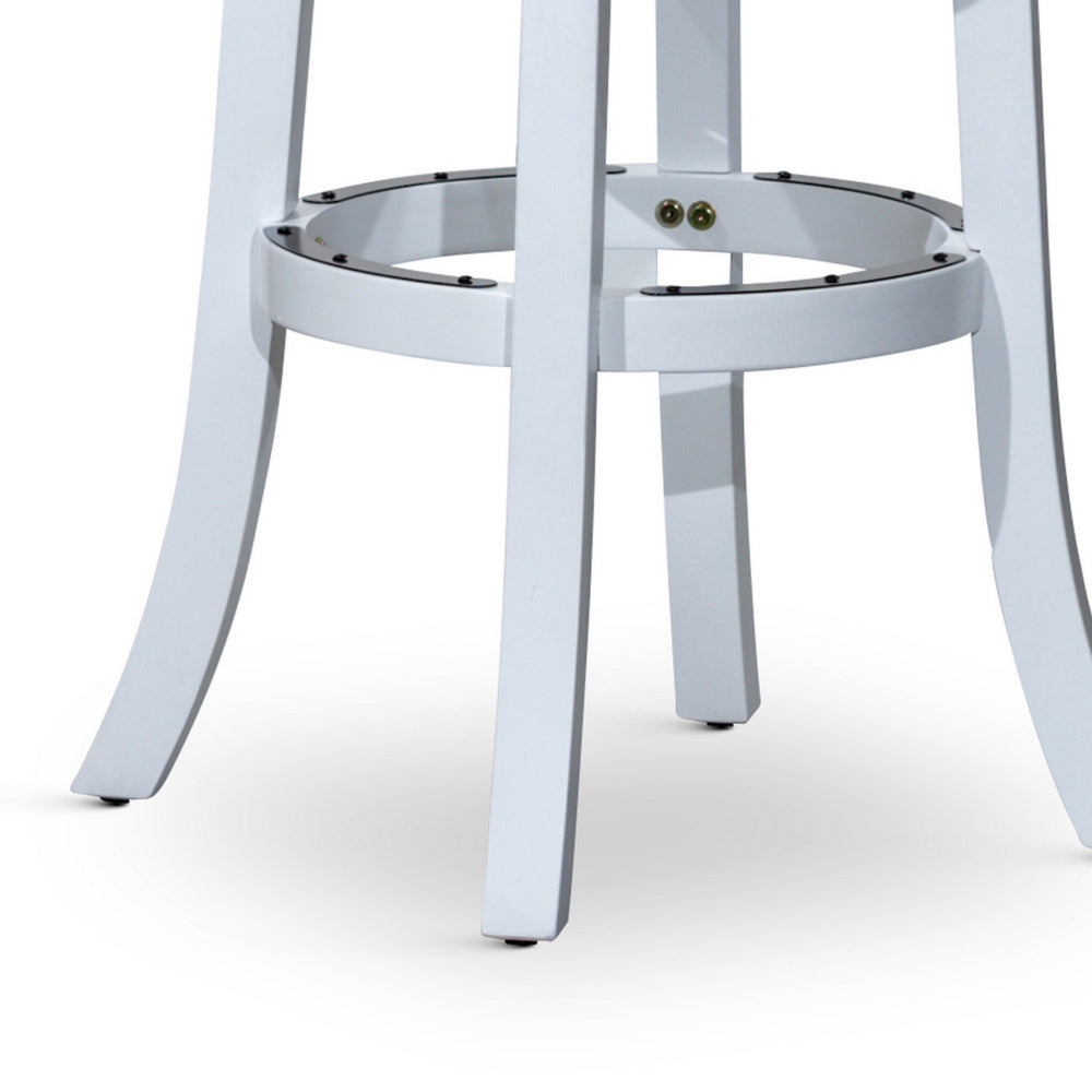 Benjara Opi 30 Inch Swivel Barstool, Round Cushioned Seat, Black Fabric, White