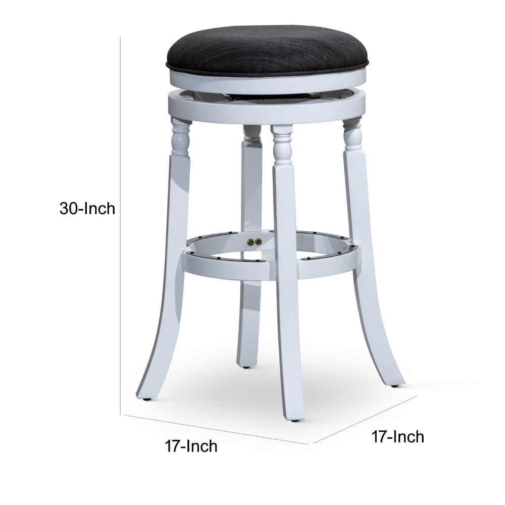 Benjara Opi 30 Inch Swivel Barstool, Round Cushioned Seat, Black Fabric, White