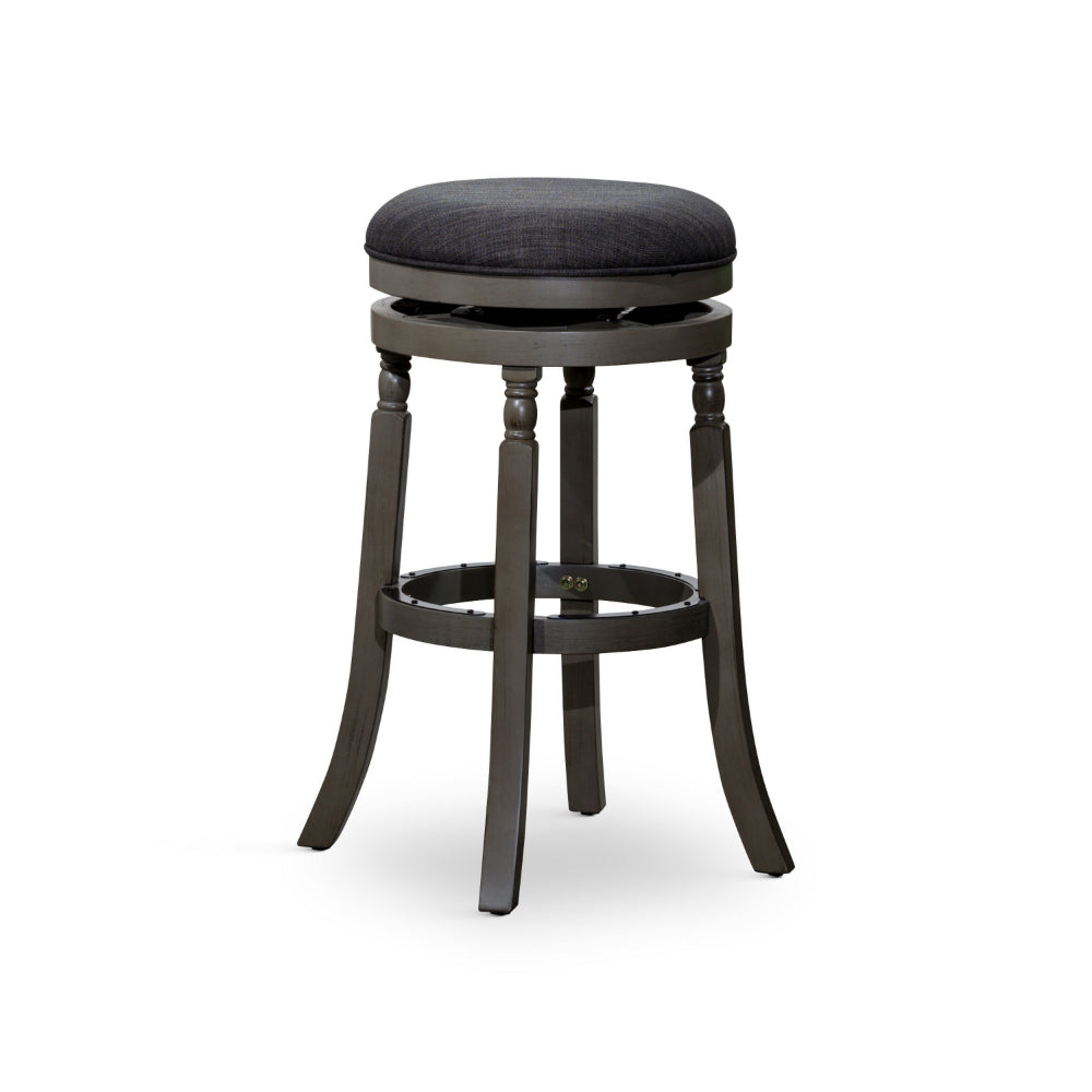 Benjara Opi 30 Inch Swivel Barstool, Round Cushioned Seat, Black Fabric, Gray
