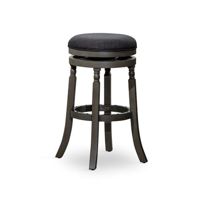 Benjara Opi 30 Inch Swivel Barstool, Round Cushioned Seat, Black Fabric, Gray
