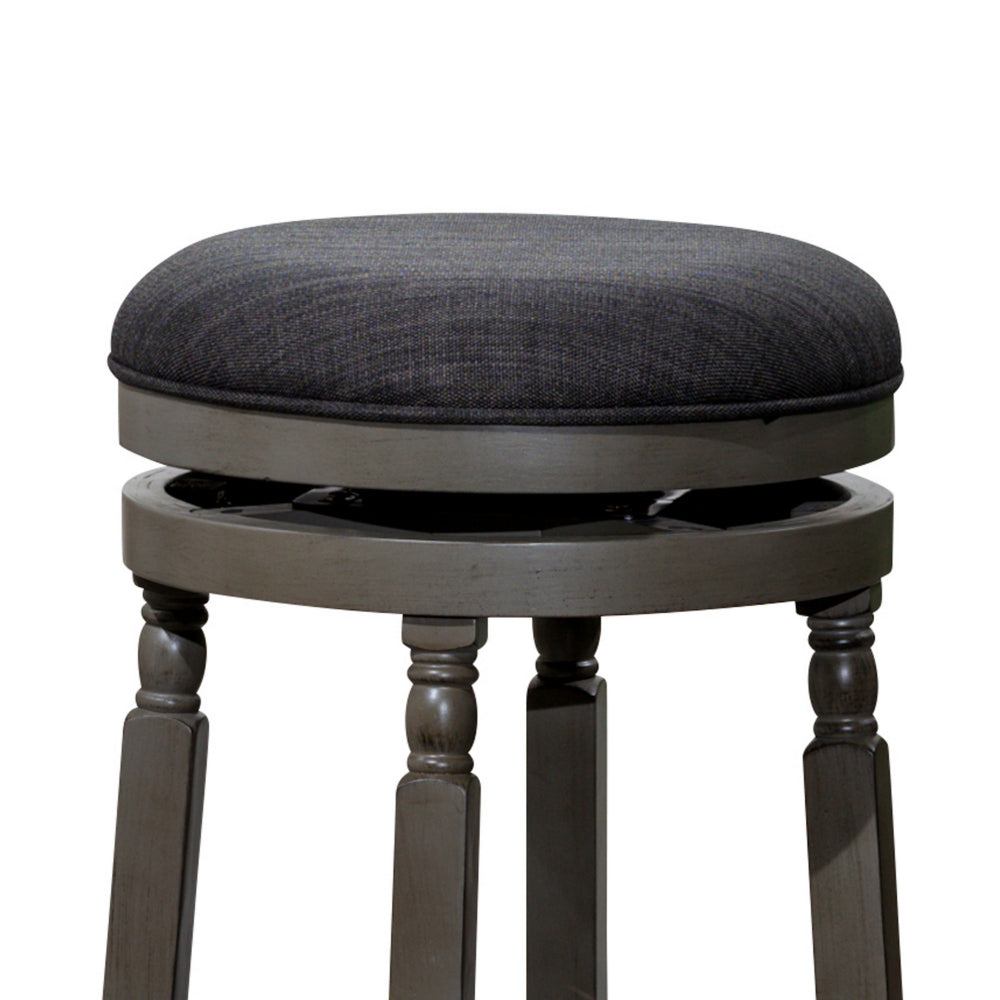 Benjara Opi 30 Inch Swivel Barstool, Round Cushioned Seat, Black Fabric, Gray