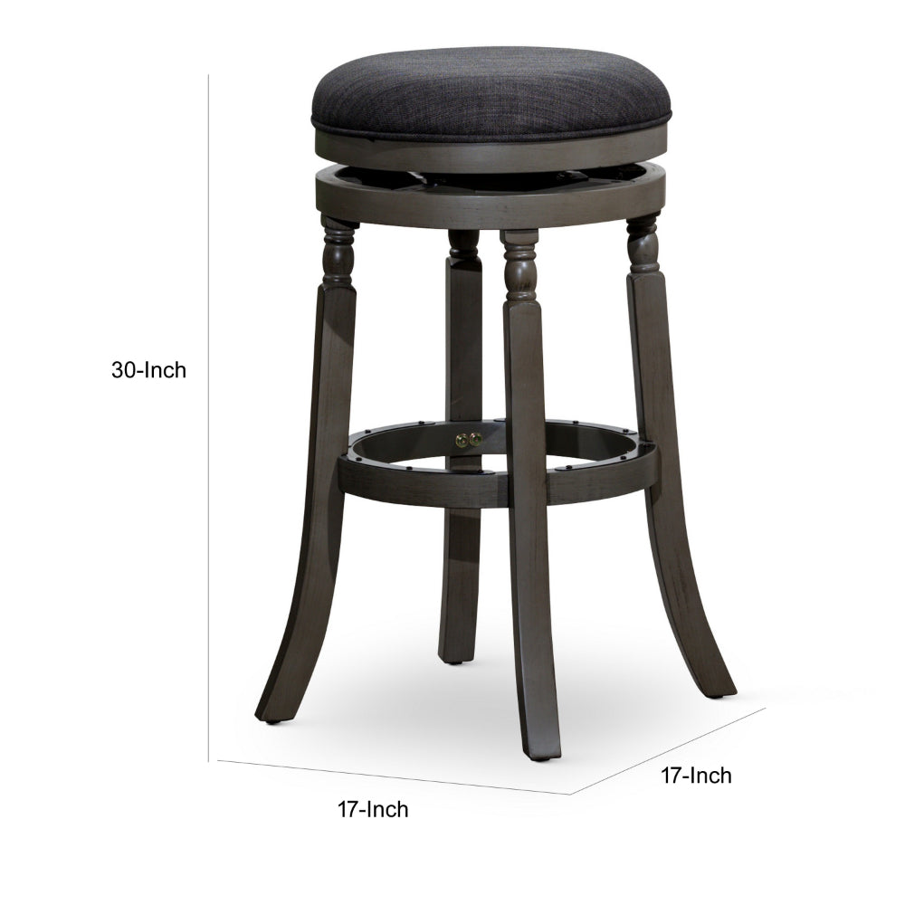 Benjara Opi 30 Inch Swivel Barstool, Round Cushioned Seat, Black Fabric, Gray