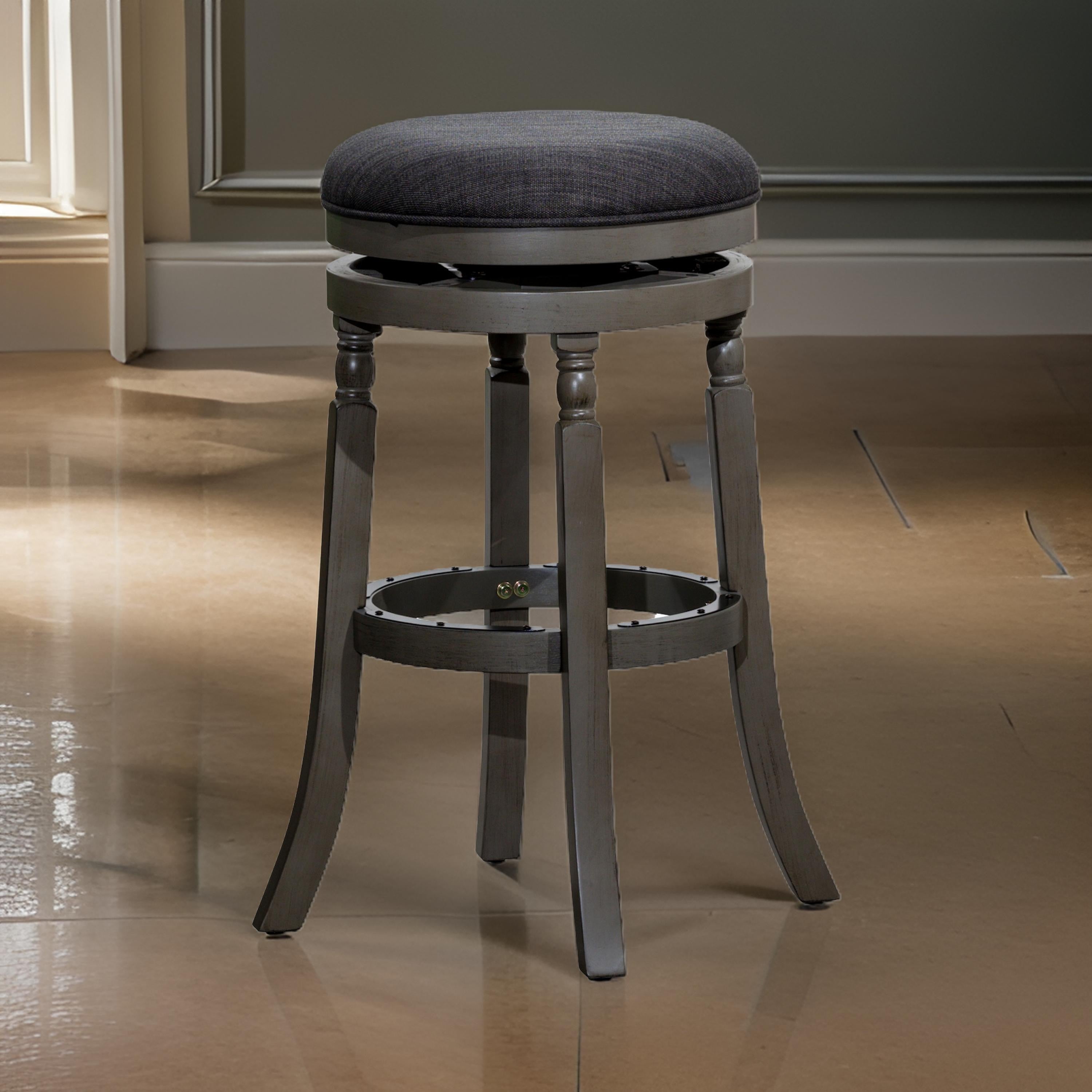 Benjara Opi 30 Inch Swivel Barstool, Round Cushioned Seat, Black Fabric, Gray