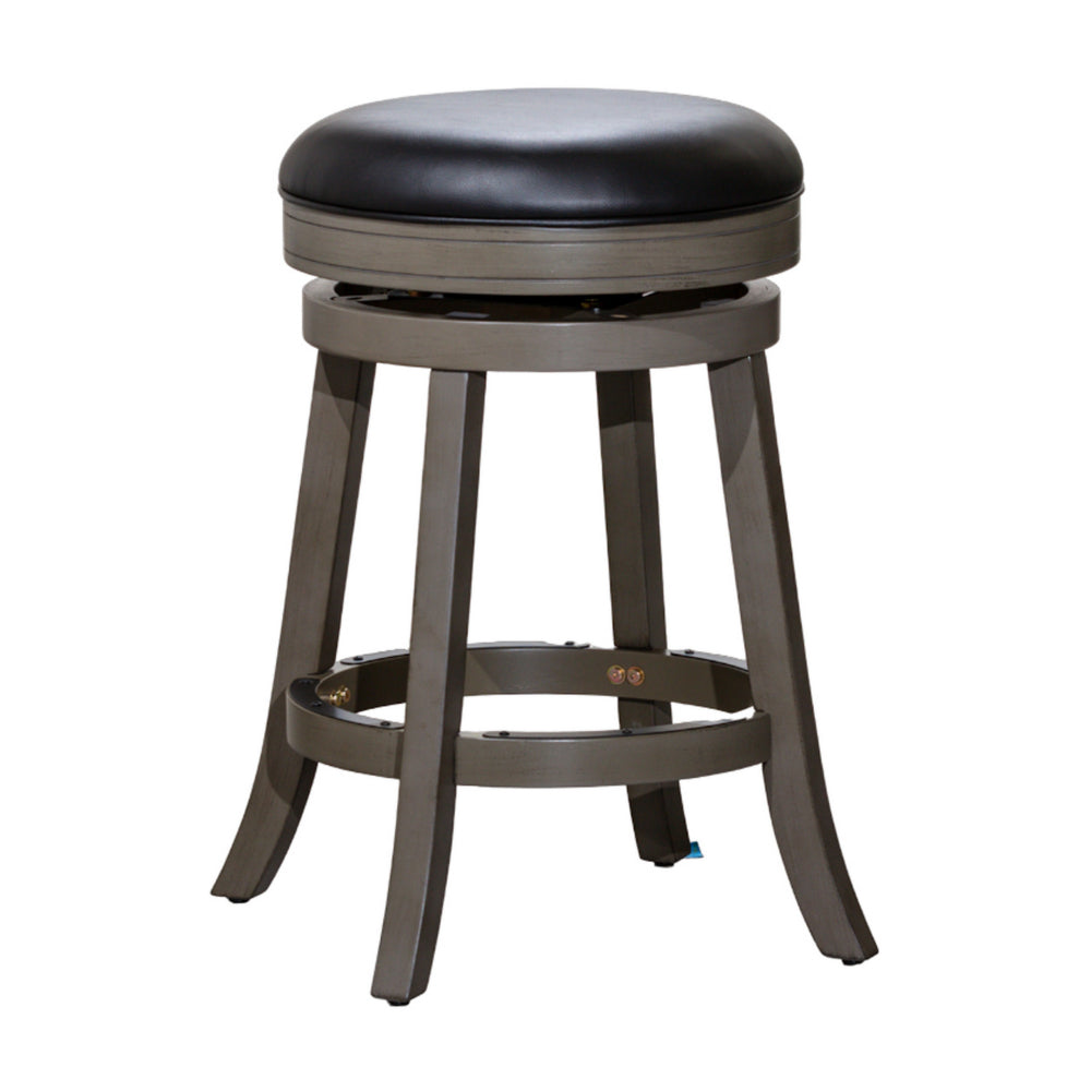 Benjara Opi 24 Inch Swivel Counter Stool, Black Bonded Leather, Weathered Gray