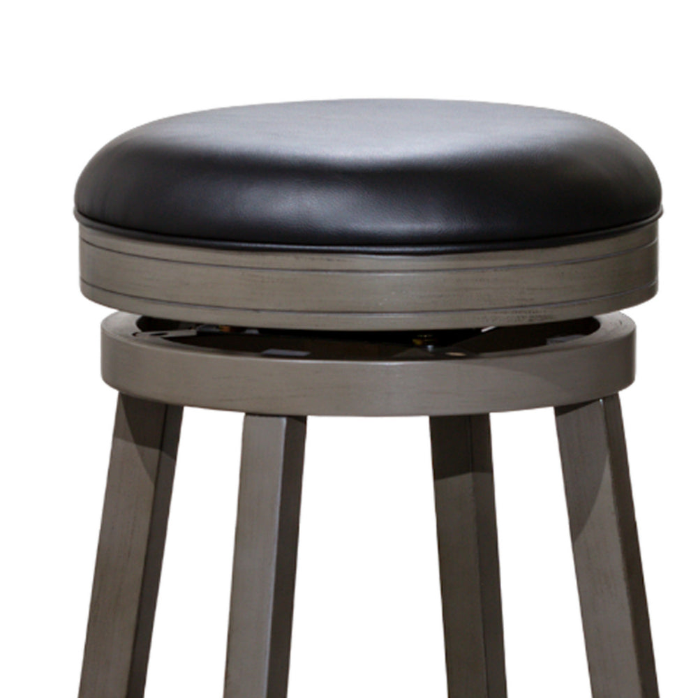 Benjara Opi 24 Inch Swivel Counter Stool, Black Bonded Leather, Weathered Gray