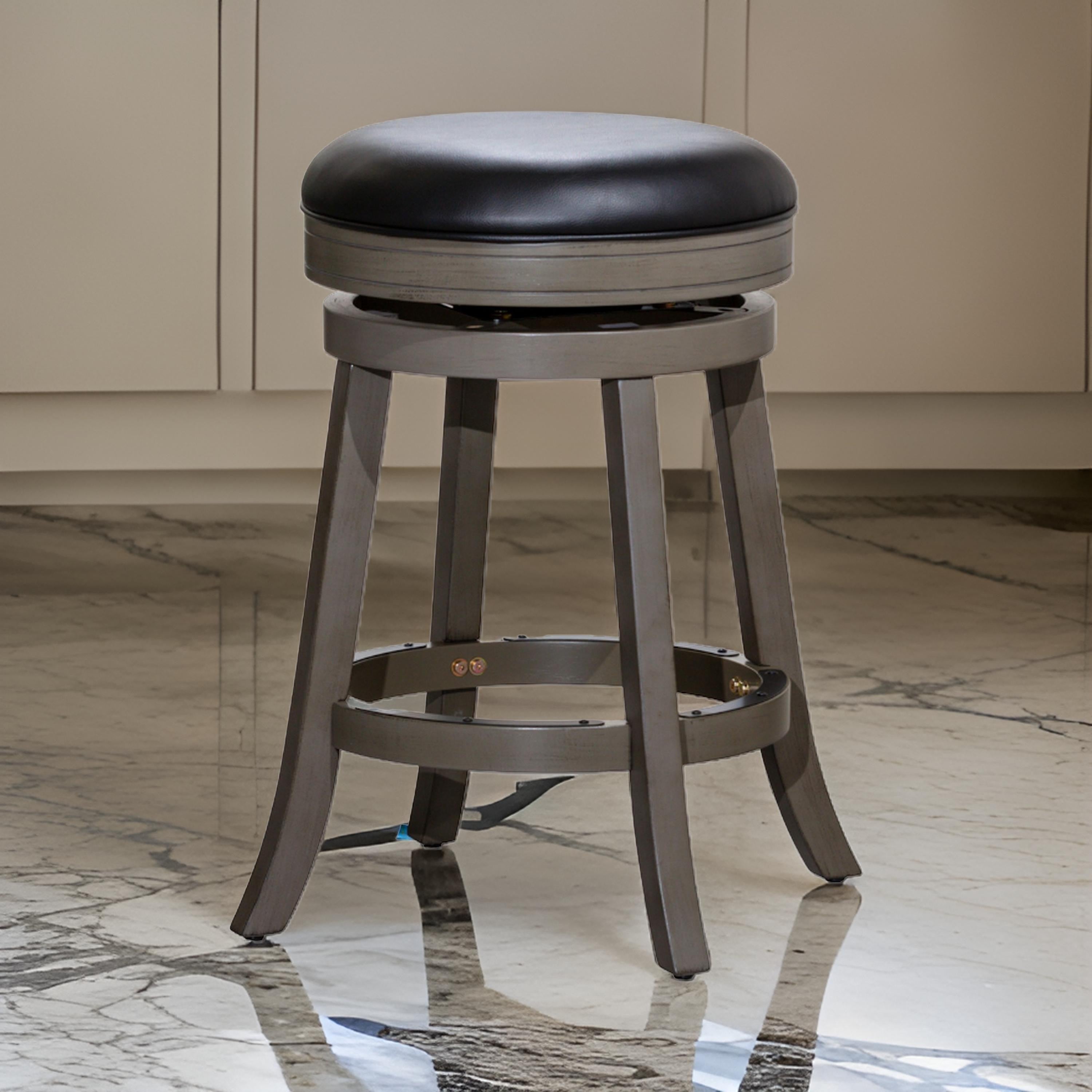 Benjara Opi 24 Inch Swivel Counter Stool, Black Bonded Leather, Weathered Gray